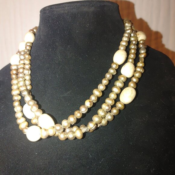 Cultured Pearl Necklace Baroque Sterling Stone Beige Cream Rock Statement Earth - Picture 12 of 16